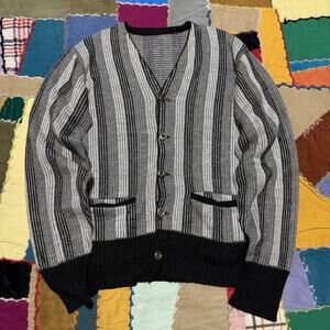 Vintage Women’s Black Neutral Colorway Striped Cardigan Sweater Small